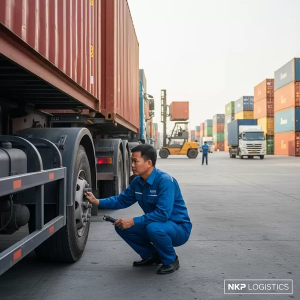 2. Tài xế mặc đồng phục kiểm tra an toàn xe đầu kéo