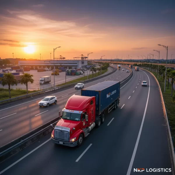 3. Xe đầu kéo container di chuyển trên cao tốc lúc hoàng hôn