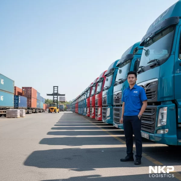 3. Tài xế mặc đồng phục chuyên nghiệp bên cạnh dàn xe đầu kéo tại bãi.