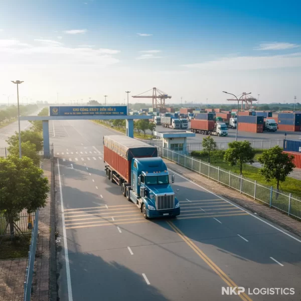 4. Xe đầu kéo kéo container hàng hóa ra khỏi khu công nghiệp Biên Hòa.