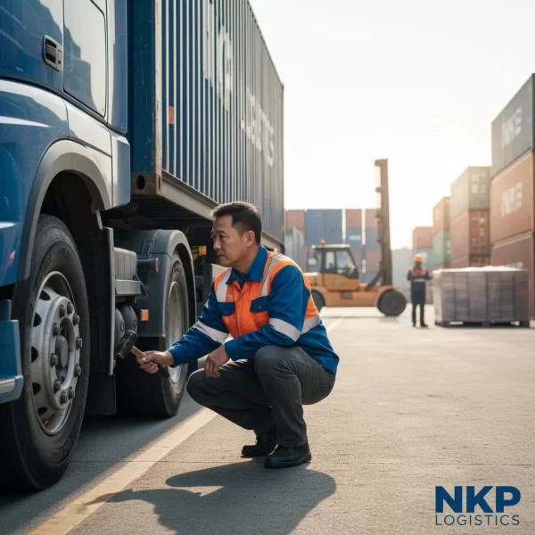 2. Tài xế chuyên nghiệp kiểm tra lốp xe đầu kéo trước hành trình.