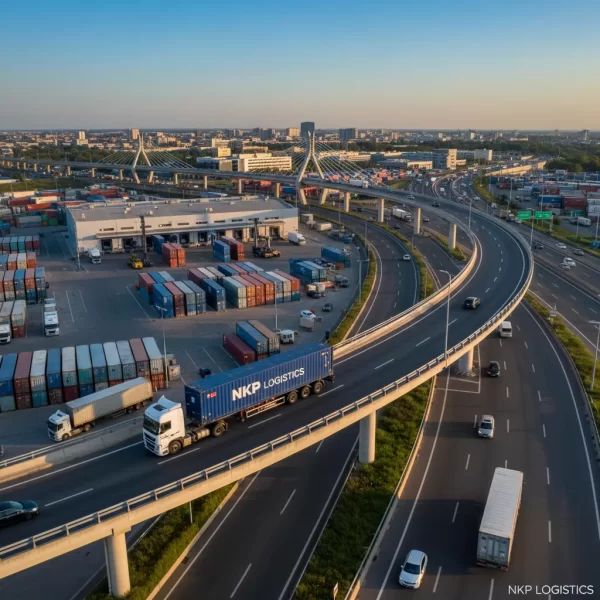 4. Flycam xe container đi qua cầu vượt hiện đại