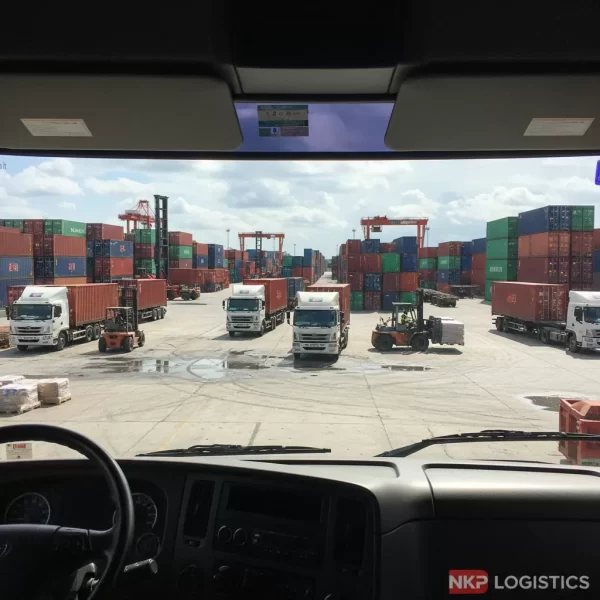 2. Góc nhìn từ cabin tài xế xe đầu kéo qua bãi container.