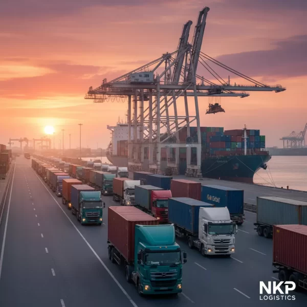 3. Đoàn xe đầu kéo tấp nập trong ánh hoàng hôn công nghiệp.