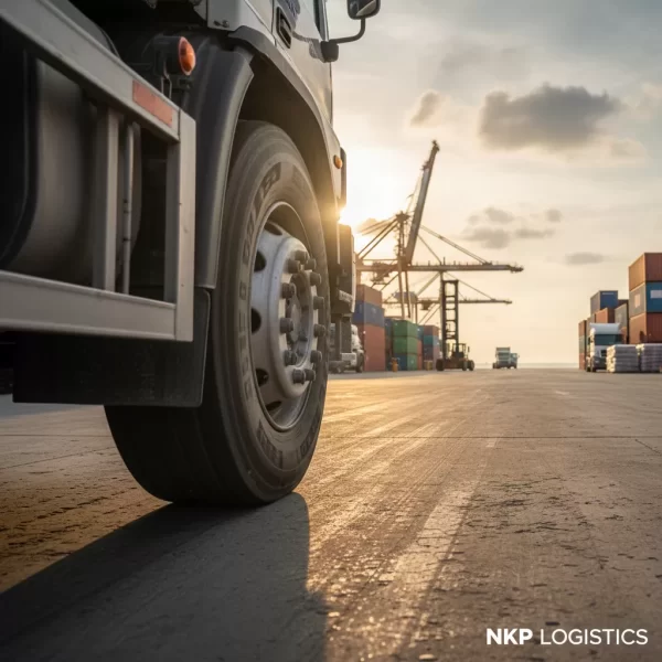 4. Cận cảnh bánh xe đầu kéo lăn bánh trên nền cảng biển.