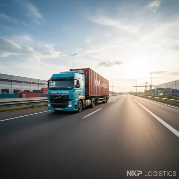 3. Xe đầu kéo container lướt trên cao tốc với hiệu ứng mờ chuyển động.