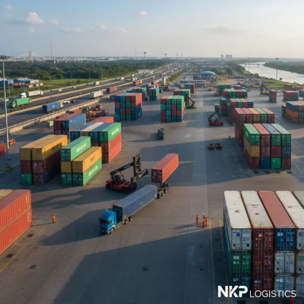 4. Góc nhìn từ trên cao, xe đầu kéo đang khớp nối với container tại cảng.