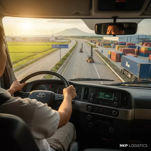 2. Góc nhìn từ sau vai tài xế, tay vững vô lăng trên hành trình.