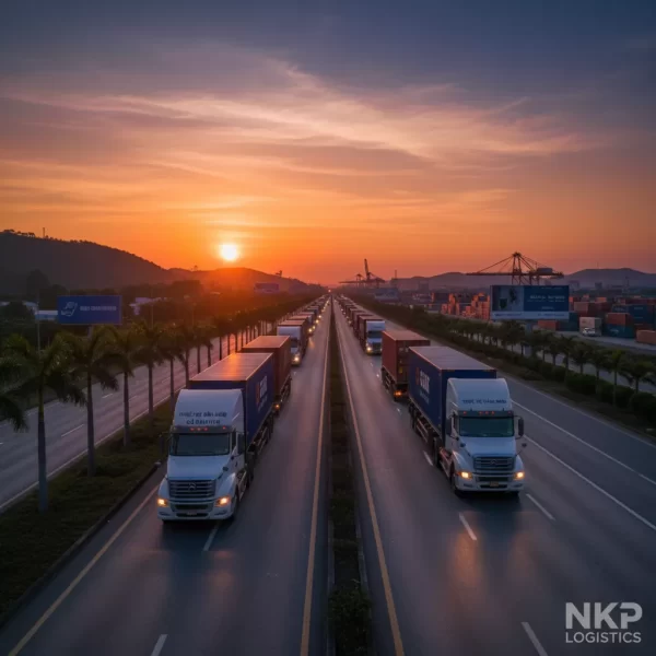 3. Đoàn xe đầu kéo nối đuôi nhau trên cao tốc lúc hoàng hôn.