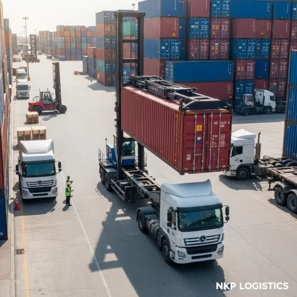 4. Cận cảnh đầu kéo đang nâng hạ container tại cảng cạn.