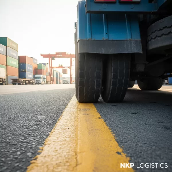 2. Cận cảnh bánh xe đầu kéo lăn trên vạch kẻ đường an toàn.