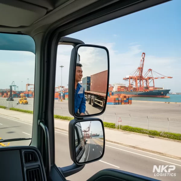 3. Tài xế tự tin trong cabin nhìn qua gương chiếu hậu.