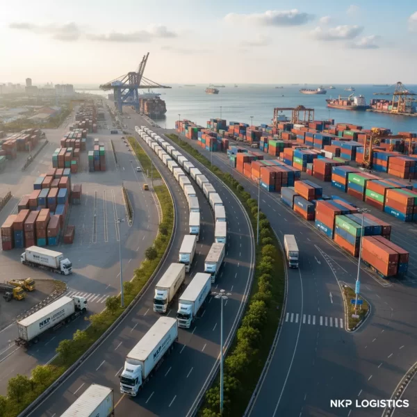 4. Góc máy từ trên cao chụp đoàn xe container nối đuôi nhau.