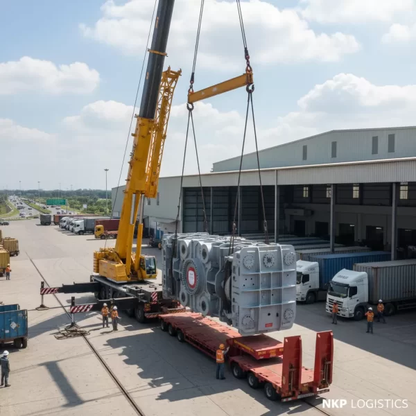 1. Cận cảnh cẩu hàng siêu trọng lên mooc lùn