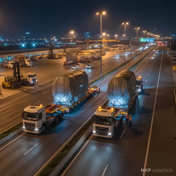 2. Đoàn xe mooc lùn hộ tống hàng siêu trường ban đêm