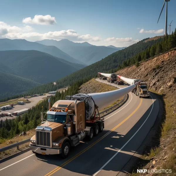 1. Đoàn xe mooc sàn chở cánh quạt điện gió trên đèo.