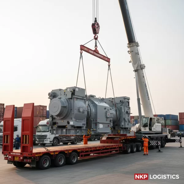 2. Cận cảnh cẩu trục đặt thiết bị công nghiệp nặng lên mooc sàn.