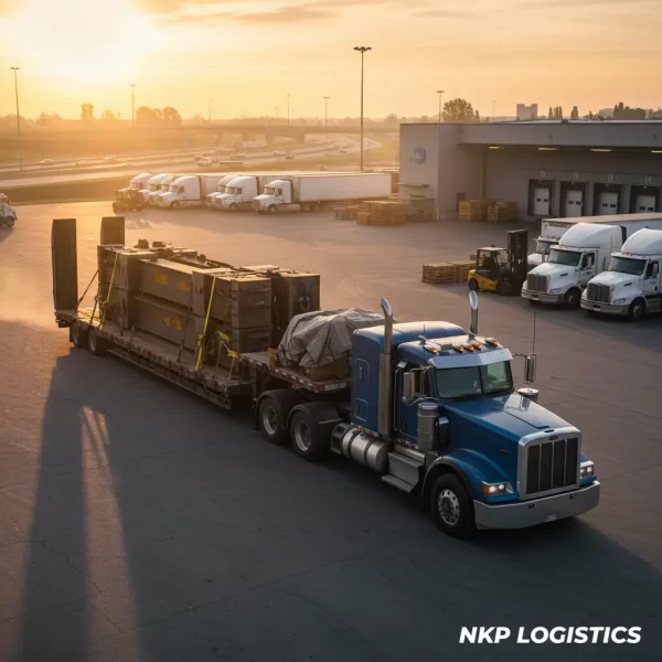 3. Xe đầu kéo kéo mooc sàn chở hàng cồng kềnh lúc bình minh.