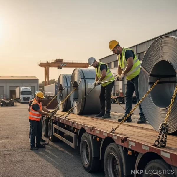 4. Công nhân siết xích chằng buộc cuộn thép lớn trên mooc sàn.