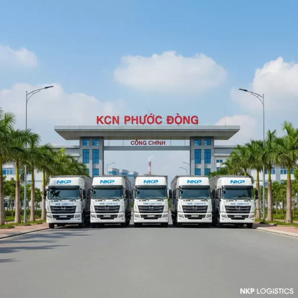2. Đội xe tải đồng bộ, sạch sẽ đậu trước cổng KCN Phước Đông.