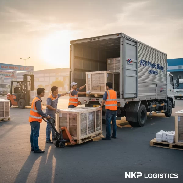 3. Nhân viên bốc xếp hàng hóa lên xe tải một cách cẩn thận.