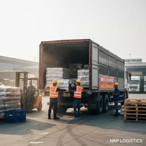 2. Công nhân bốc xếp hàng lên xe tải tại Trảng Bàng