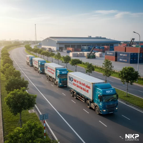 4. Đoàn xe tải chở hàng nối đuôi nhau trên đường