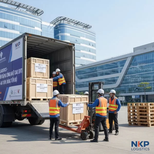 2. Hàng hóa công nghệ cao được bốc dỡ cẩn thận từ xe tải.