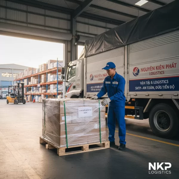 3. Tài xế trong đồng phục kiểm tra hàng hóa đảm bảo an toàn.