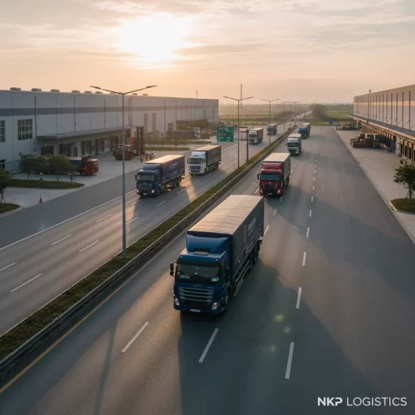 1.  Đoàn xe tải rời KCN Mỹ Xuân lúc bình minh