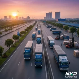 1.  Đoàn xe tải trên đường phố Sài Gòn lúc bình minh