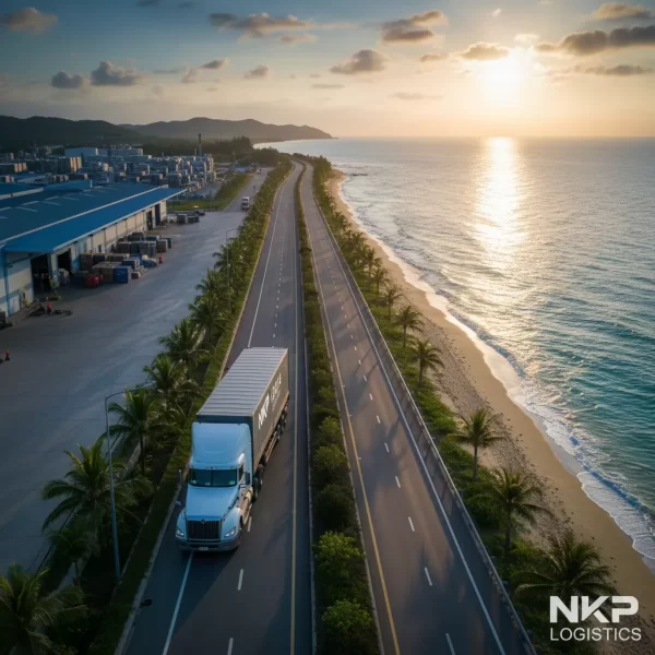 1.  Xe tải trên hành trình nối liền khu công nghiệp Bắc Ninh và bãi biển Quy Nhơn.