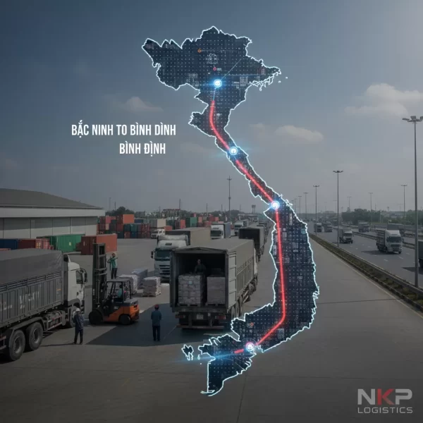 3.  Sơ đồ tuyến vận chuyển Bắc Ninh - Bình Định được vẽ cách điệu trên bản đồ Việt Nam.