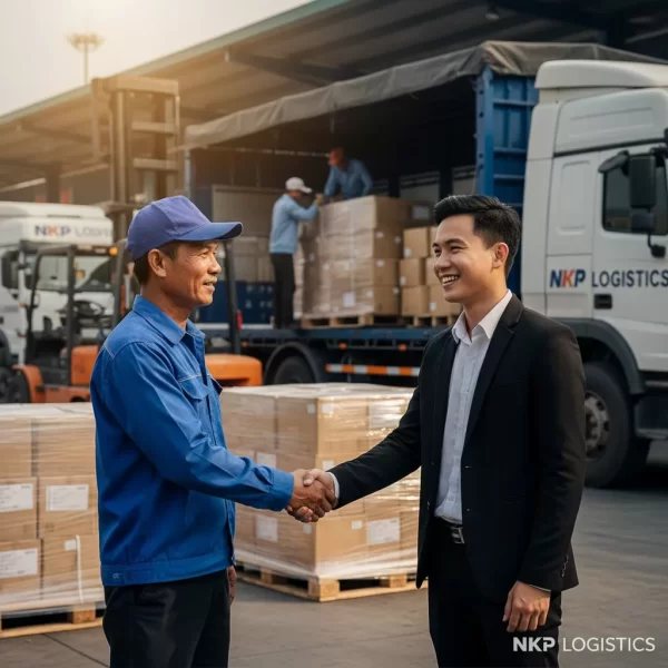 4.  Tài xế bắt tay khách hàng tại kho bãi.