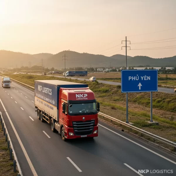 1.  Xe tải trên quốc lộ 1A với biển chỉ dẫn hướng Phú Yên.