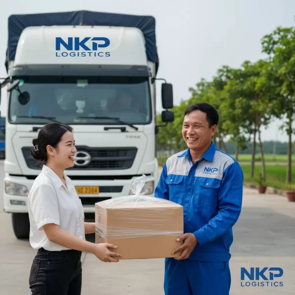 3.  Tài xế tươi cười trao kiện hàng nguyên vẹn cho khách.