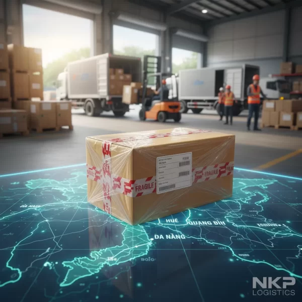 2. Gói hàng được niêm phong cẩn thận trên nền bản đồ số chỉ về miền Trung.