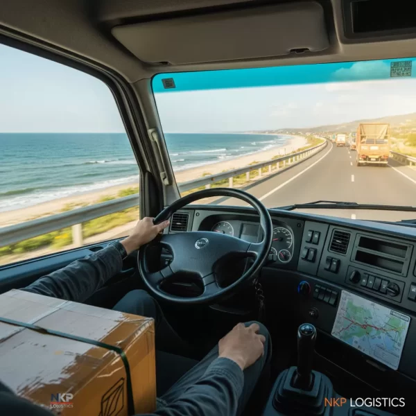 3. Bàn tay tài xế vững vàng trên vô lăng, phía trước là cung đường biển tuyệt đẹp.