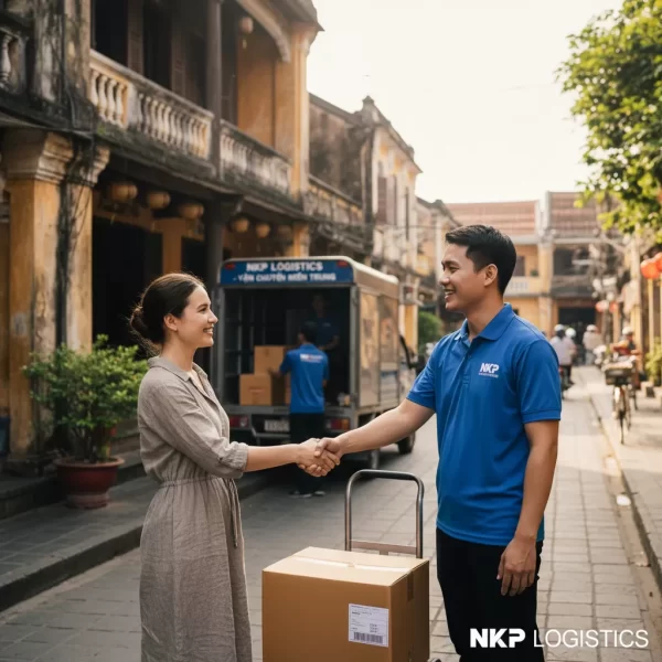 4. Nhân viên giao nhận và khách hàng bắt tay vui vẻ trước hiên nhà cổ Hội An.