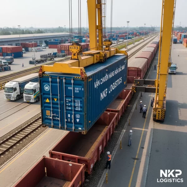 2. Cận cảnh container được cẩu lên toa tàu hỏa.