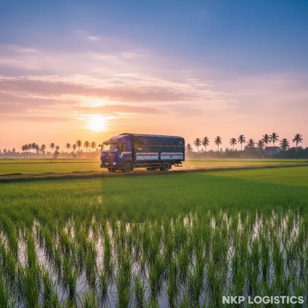 1. Xe tải chở hàng băng qua cánh đồng lúa Long An lúc bình minh.