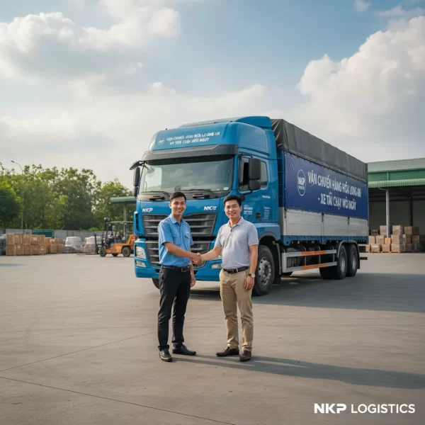 2. Tài xế xe tải tận tâm bắt tay với chủ doanh nghiệp tại một khu công nghiệp.