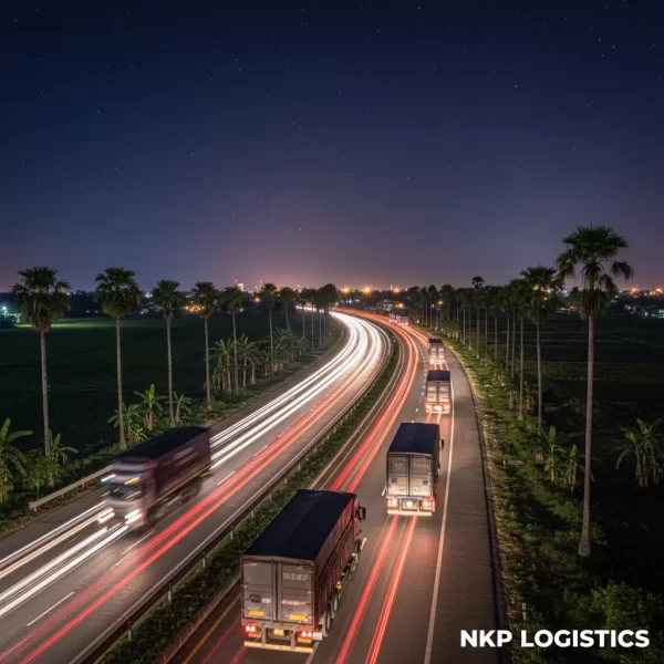 3. Vệt đèn xe tải kéo dài trên quốc lộ qua Long An vào ban đêm.