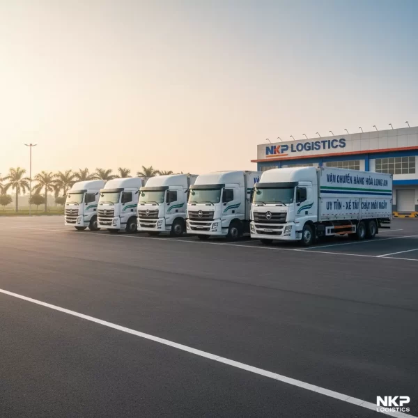 4. Đoàn xe tải sạch sẽ, đồng nhất xếp hàng ngay ngắn sẵn sàng xuất bến.