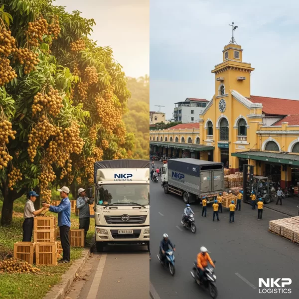 2. Hình ảnh ghép: Một bên là vườn nhãn Hưng Yên, một bên là Chợ Bến Thành.