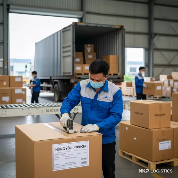 4. Người công nhân dán tem "Hưng Yên -> TPHCM" lên một kiện hàng lớn.