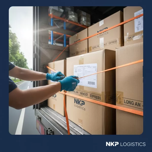 2. Bàn tay nhân viên cẩn thận chằng buộc hàng hóa trong thùng xe.