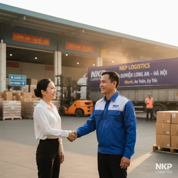 4. Tài xế mặc đồng phục bắt tay khách hàng trước cửa kho.