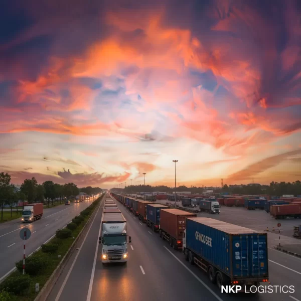 2. Xe container nối đuôi nhau trên quốc lộ 1A lúc hoàng hôn