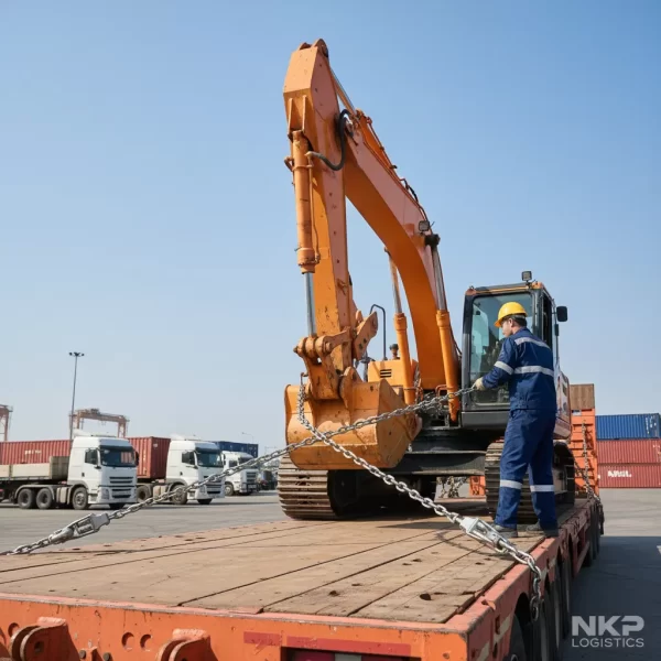 1. Siết xích chằng buộc máy xúc trên xe